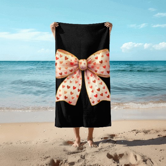 White Bow Heart, Retro Valentine Beach Towels