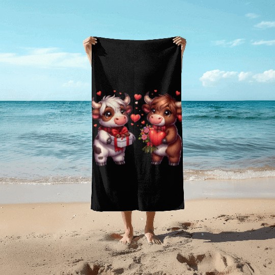 Cute cartoon valentines highland cow Beach Towels