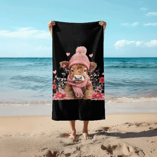 Cute Highland Cow Valentines Day Beach Towels