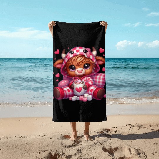 Cute cartoon valentines highland cow Beach Towels