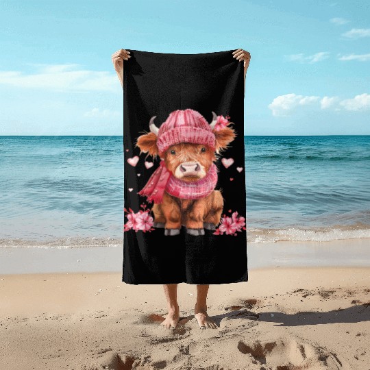 Cute Highland Cow Valentines Day Beach Towels