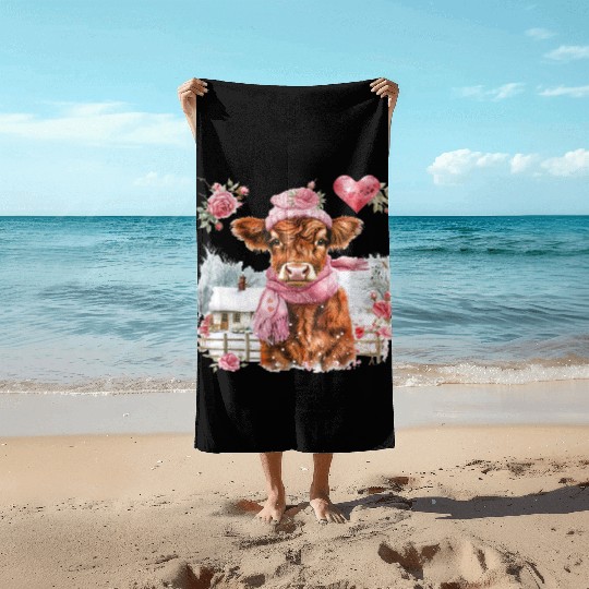 Cute Highland Cow Valentines Day Beach Towels