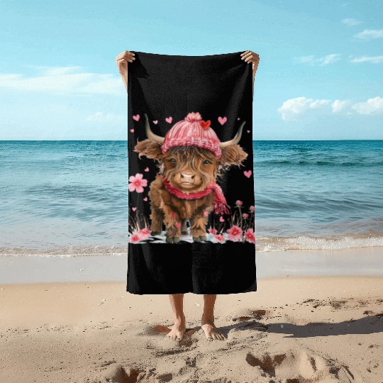 Cute Highland Cow Valentines Day Beach Towels