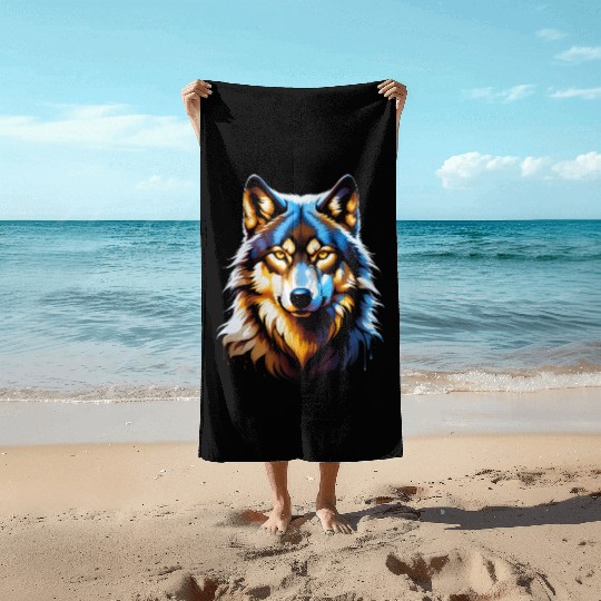 Isolated Lone Wolf Head Ink Design Beach Towels