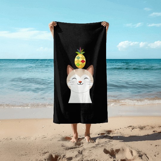 Happy Cat with Pineapple - Tropical Animal Design Beach Towels