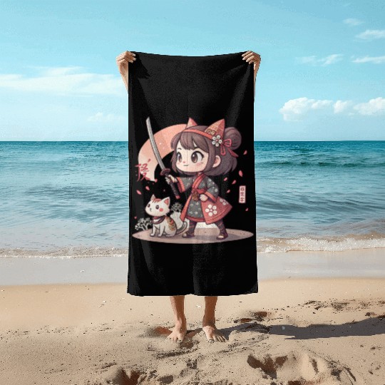 Adorable Anime Samurai Girl: Cat & Katana Design Beach Towels