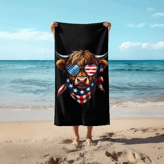 Patriotic Highland Cow 4th Of July Beach Towels