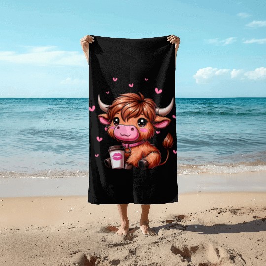 Highland Cow Valentines Beach Towels