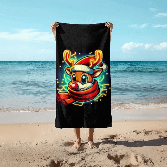 Funny Christmas Rudolph: Glowing Neon Santa Scarf Beach Towels