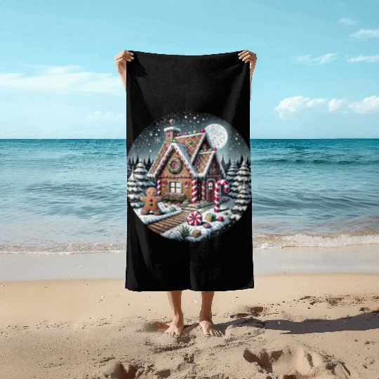 Christmas Gingerbread House with Candy Canes Beach Towels