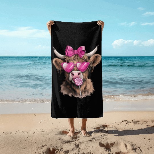 Highland Cow Valentines, Valentines Day, Retro Beach Towels