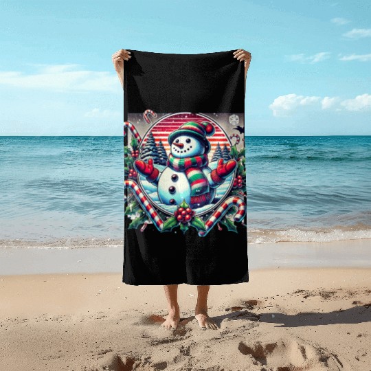 80s Christmas Snowman Delight Beach Towels