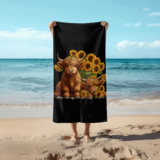 Cute Scottish Highland Cow Sunflower Farmer Beach Towels