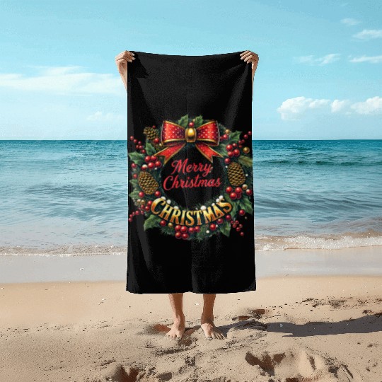 1950s Christmas Wreath - Vintage Holiday Cheer Beach Towels