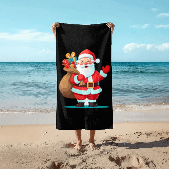 Joyful Santa with Gift Sack Design Beach Towels