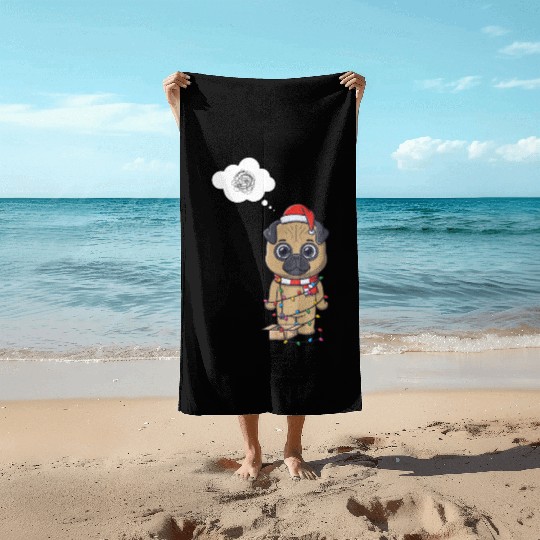 Festive Pug in Holiday Lights Beach Towels