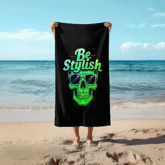 Be Stylish Vibrant Green Skull with Sunglasses Beach Towels