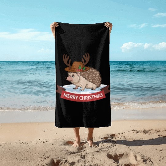 Grumpy Hedgehog Merry Christmas Deer Antler Hat Beach Towels