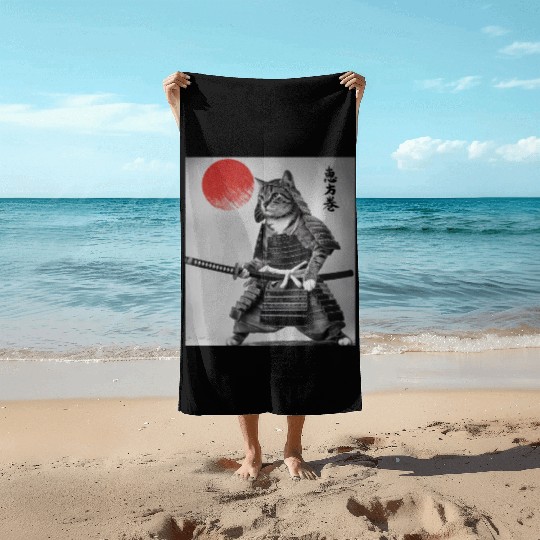 Kawaii Japanese Samurai Cat Vintage Japanese Cat Beach Towels