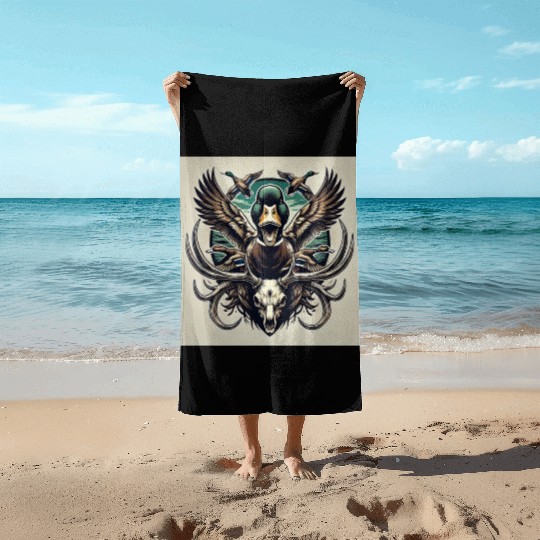Mallard duck flying over deer skull in marsh Beach Towels