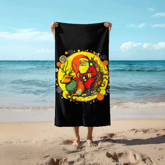 Santa Claus riding reindeer Christmas for holiday Beach Towels