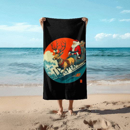 Santa Claus Flying Reindeer Christmas Festive Beach Towels