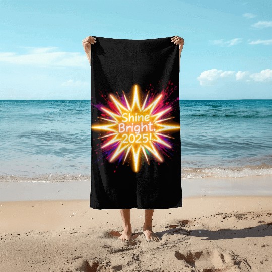 A large starburst glowing in neon light with 2025 Beach Towels