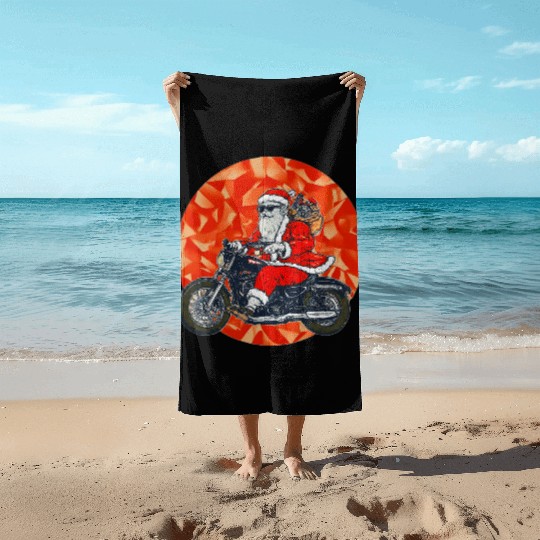Santa Claus on Motorcycle Christmas , Cool Santa Beach Towels
