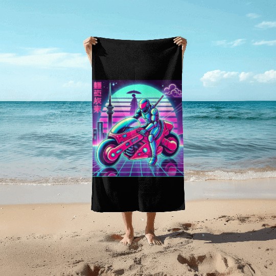 Cyberpunk Neon Rider Beach Towels