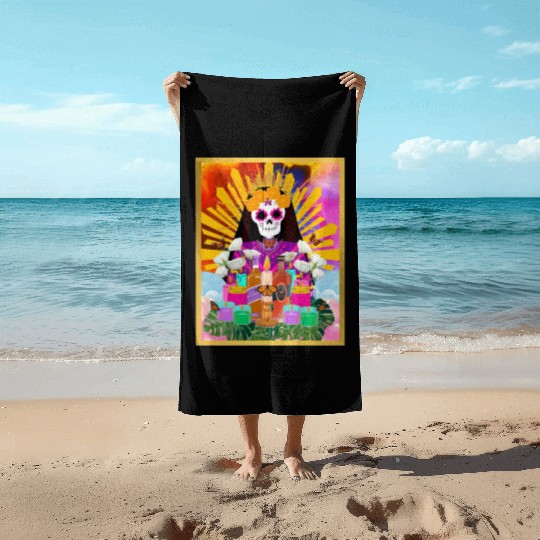 Rainbow Butterfly Santa Muerte Beach Towels