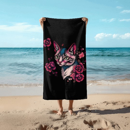 Rainbow Cat Realistic Watercolor Cute Cat Paint Co Beach Towels