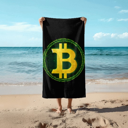 Glowing Matrix-Inspired Bitcoin Symbol Beach Towels