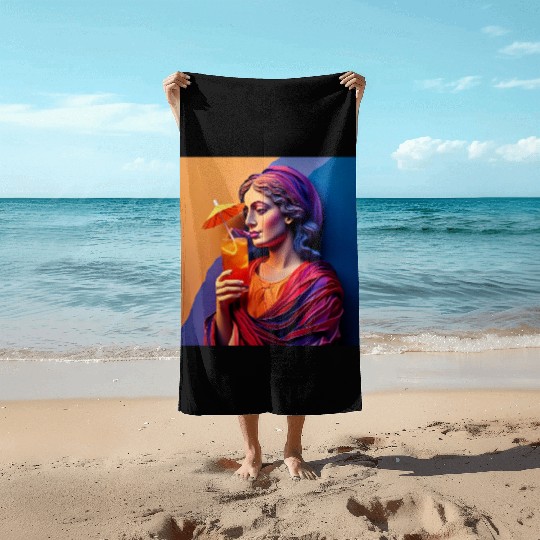3D Artistic Lady with Tropical Drink in Vibrant Beach Towels