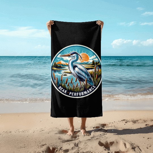 Great Blue Heron Beak Performance Retro Beach Towels