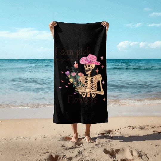 Funny Cowboy Skeleton with Flowers Beach Towels