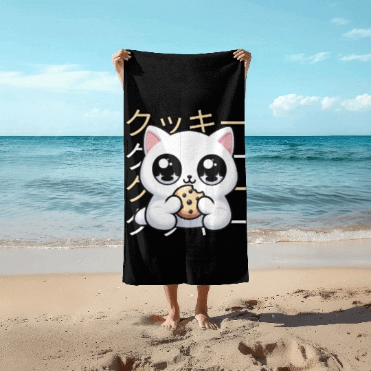 Cute Cat Japanese Kawaii Anime Cat with Cookie Beach Towels