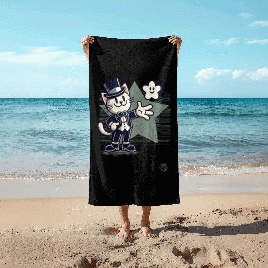 Happy Retro Cartoon Cat in Tuxedo with Star Beach Towels