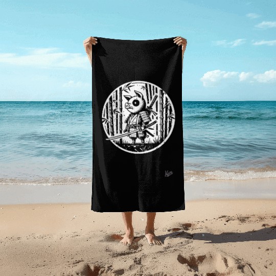 Pig Samurai in Bamboo Forest Beach Towels