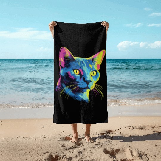 Cat Watercolor Colorful Russian Blue Beach Towels