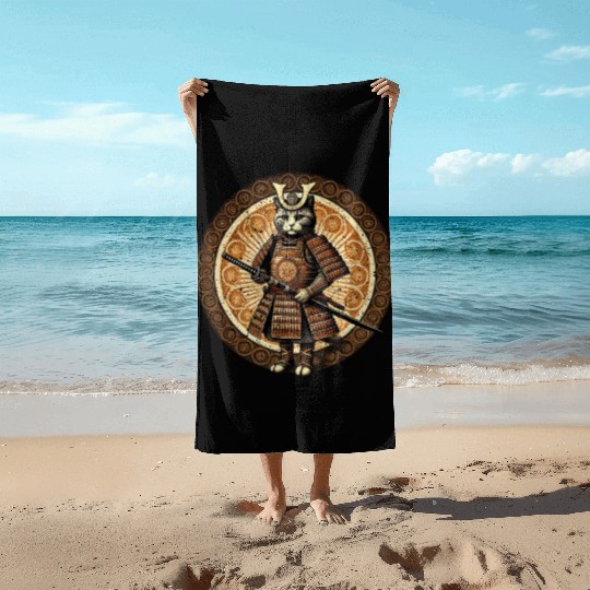 Japanese Samurai Cat Tattoo Kawaii Cat Art Anime Beach Towels
