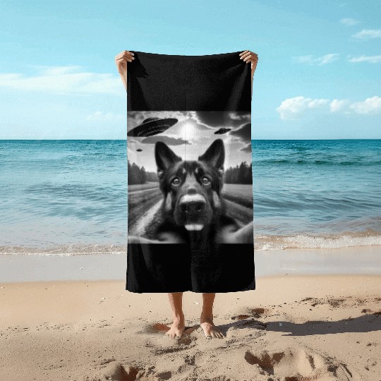 German2 Shepherd Funny GSP Selfie with UFOs Weird Beach Towels