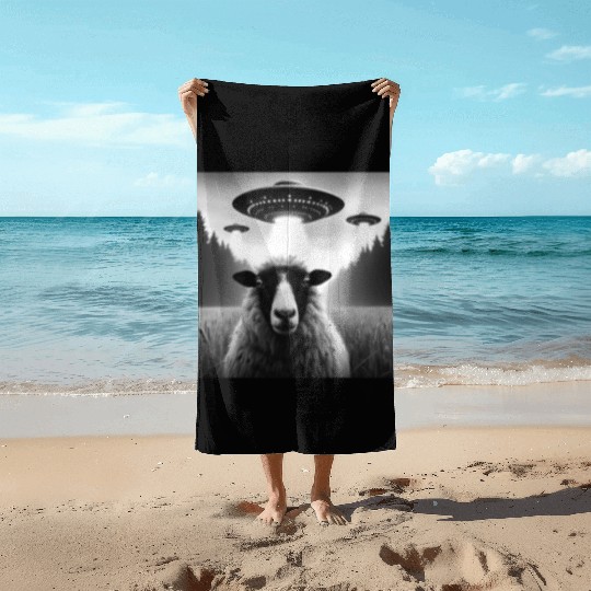 Sheep ram, lamb Funny Graphic Selfie with UFOs Wei Beach Towels
