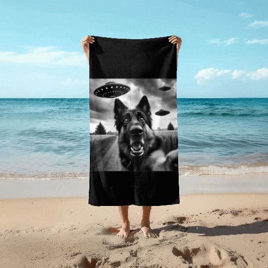 German Shepherd Funny GSP Selfie with UFOs Weird A Beach Towels