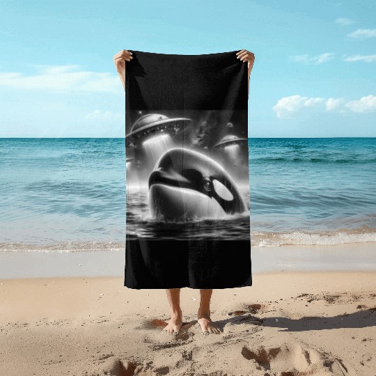 Killer whale Funny Graphic Selfie with UFOs Weird Beach Towels
