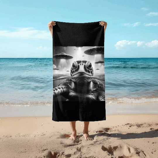 Sea Turtle Funny Graphic Selfie with UFOs Weird A Beach Towels