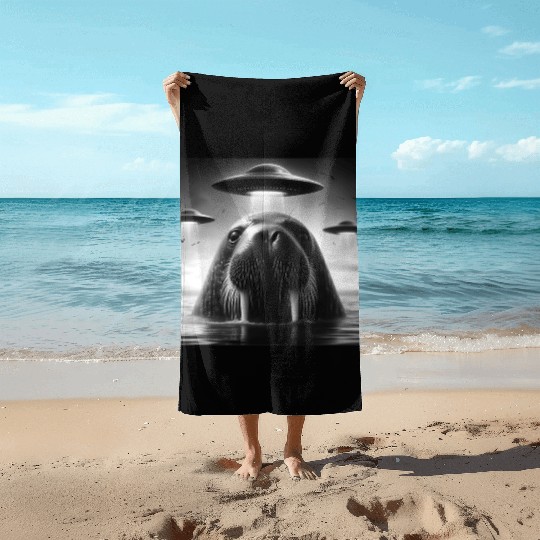 Walrus Sea lion Funny Graphic Selfie with UFOs Wei Beach Towels