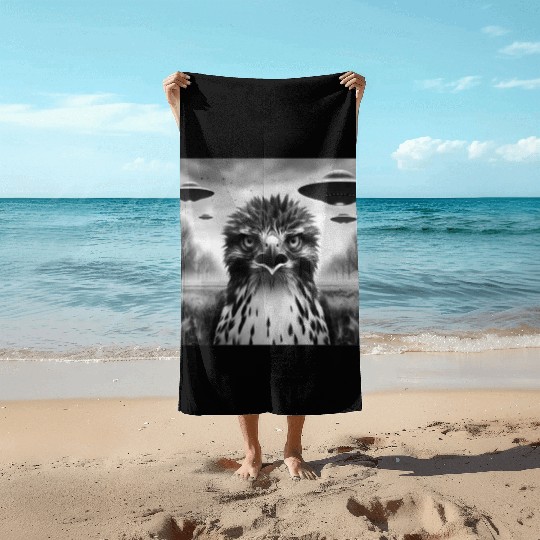 Hawk falcon Funny Graphic Selfie with UFOs Weird Beach Towels
