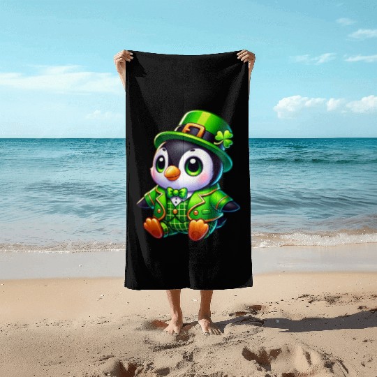 Cute St. Patrick's Day Penguin Cartoon Beach Towels