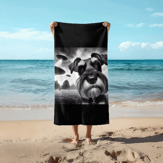 Miniature 2 Schnauzer Funny Graphic Selfie UFOs We Beach Towels