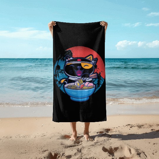 Japanese cat ramen Beach Towels